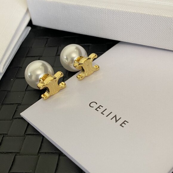 CELINE - Style Pearl & Gold Logo Earrings - Picture 1 of 5